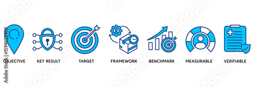 OKR icon set vector illustration concept relate to objectives and key results with icon of objective, key results, target, framework, benchmark, measurable, and verifiable