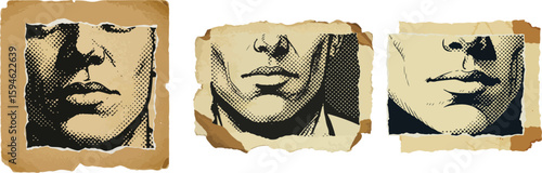 Distressed Human Mouths on Torn Paper Frames. Grunge Style Portraits for Vintage, Communication, and Raw Emotion Concepts.

