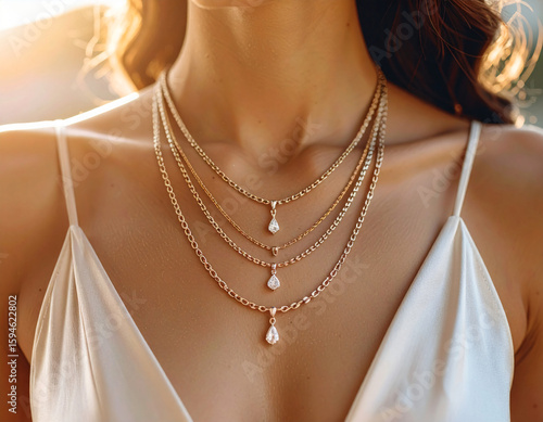 Gold layered necklace with teardrop pendants fashion jewelry style