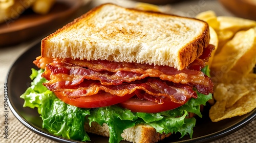 Classic BLT Sandwich with Crispy Bacon, Fresh Lettuce, and Ripe Tomato Served with Potato Chips