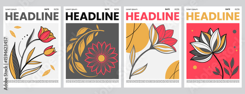 Modern Floral Poster Set with red Colors
