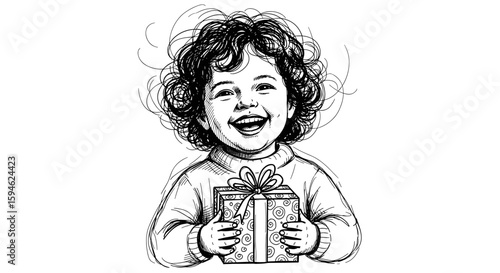 Happy child with gift at Christmas or New Year - hand drawn black and white vintage ink sketch, vector illustration
