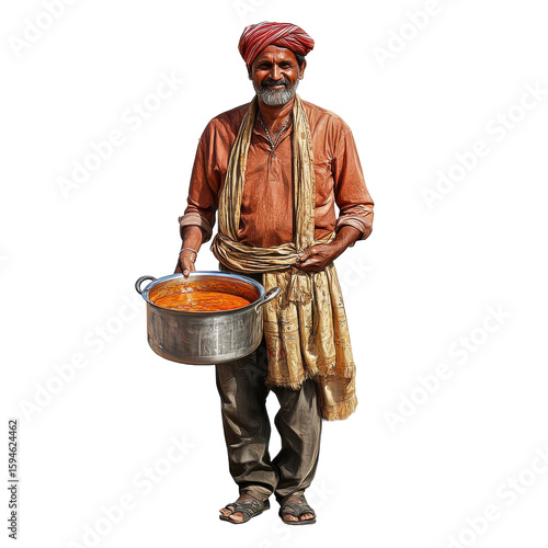 Elderly Indian man in traditional attire proudly holding a pot of curry, showcasing culture and culinary heritage in a vibrant setting. on transparent background