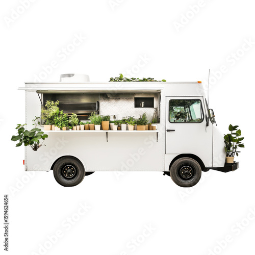 Eco-Friendly Food Truck Displaying Fresh Herbs and Plants in a Bright, Inviting Setting on transparent background