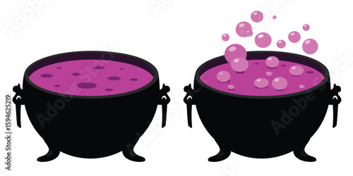 Cartoon Halloween witch cauldron, magic pot with purple potion isolated on white background