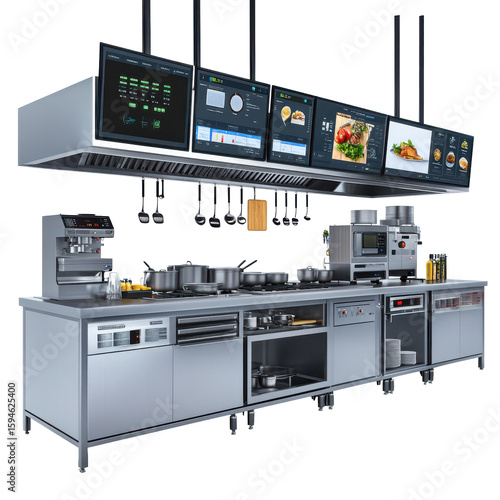 Modern Commercial Kitchen Setup with High-Tech Appliances and Food Display Screens on transparent background
