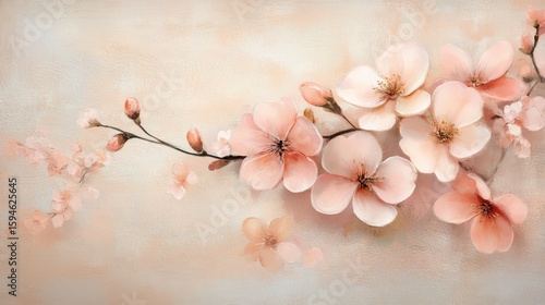 Peach blossom branch with delicate pink flowers and buds on a textured beige background.