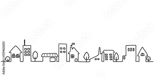 街並みのシンプルな手描き線画イラスト　白黒