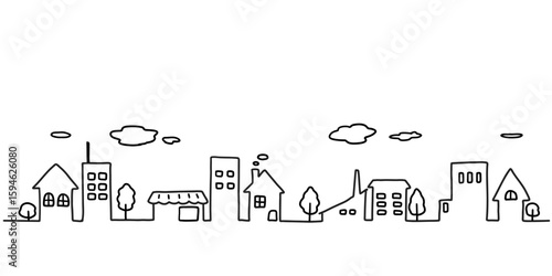街並みのシンプルな手描き線画イラスト　白黒
