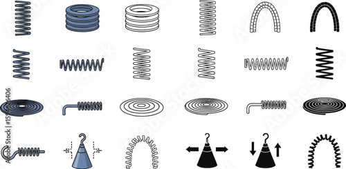 Explore different types of springs illustrations for mechanical engineering and design applications vector