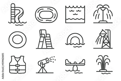 Water park activities icons set with wave pool and waterslide graphics