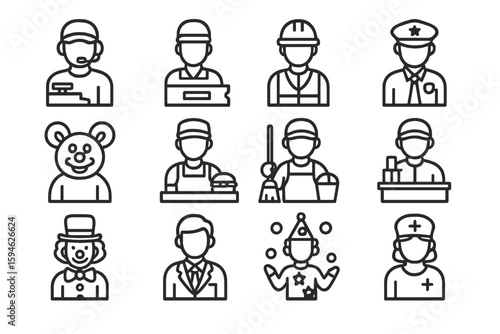 Various male and female professions icon set on dark background