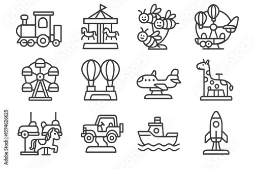 Amusement park rides icon set: train carousel ferris wheel rocket ship