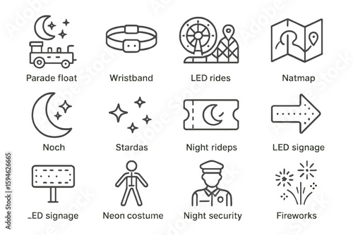 Festival icons: parade, wristband, led rides, map, moon, stars, ticket, arrow