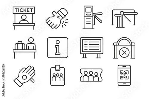 Transportation and ticketing icons set on grayscale background