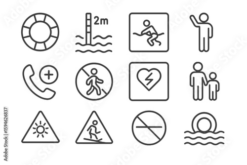 Safety symbols: swimming, lifesaving, caution, emergency, parental warnings