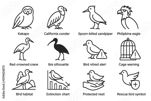 Bird conservation symbols and warnings for various species