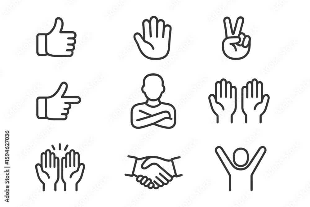 Obraz premium Set of eight hand gesture icons on a dark gradient background
