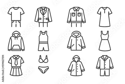 Monochrome outline of various clothing icons on dark background