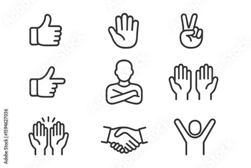Set of eight hand gesture icons on a dark gradient background