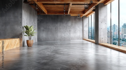 Empty modern industrial office space with city view.