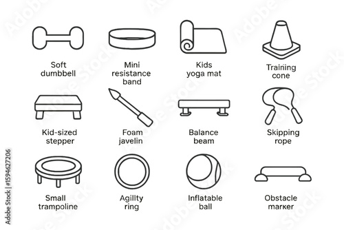 Children’s exercise equipment icons: dumbbell, resistance band, yoga mat, training cone