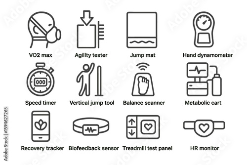 Fitness testing equipment icons: vo2 max, agility, jump mat, heart rate monitor