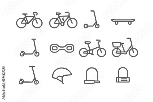 Outline icons of bikes, scooters, skateboard, and helmet on gradient background
