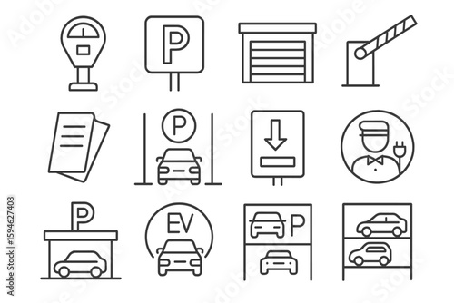 Parking icons set: garage, barrier, ev, tickets, signs, parking meters