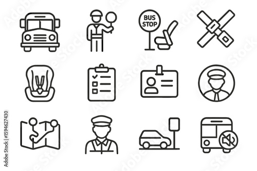 Transportation and safety icon set on gray background
