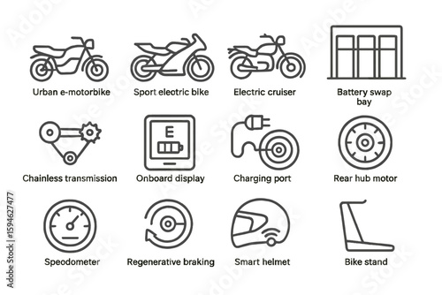 Urban e-motorbike icons: electric bikes, charging ports, regenerative braking