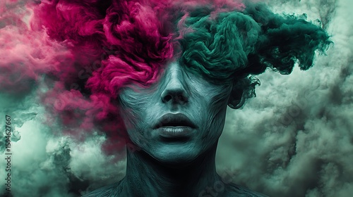 A haunting portrait with ashen skin and a cloudburst of swirling magenta and emerald tones replacing the upper face, realistic lighting and texture.