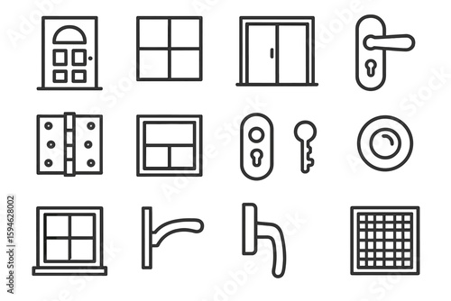 Black metal door and window hardware icon set on subtle striped background