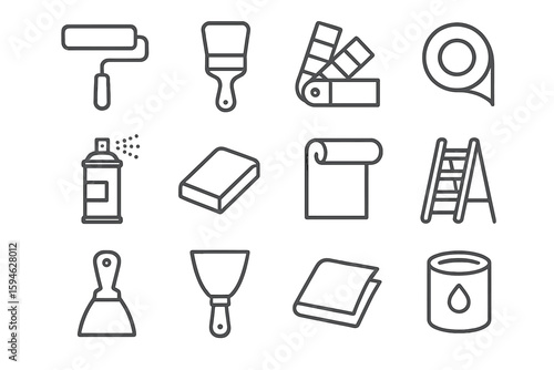Set of house painting tools: roller, brushes, tape, ladder, paint can, spray