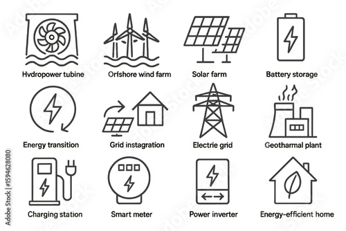 Renewable energy icons: solar, wind, geothermal, and smart technology symbols