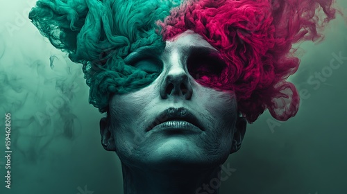 A haunting portrait with ashen skin and a cloudburst of swirling magenta and emerald tones replacing the upper face, realistic lighting and texture.