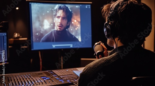Voice Actor in Studio Engaged in Dubbing Process with Screen Display