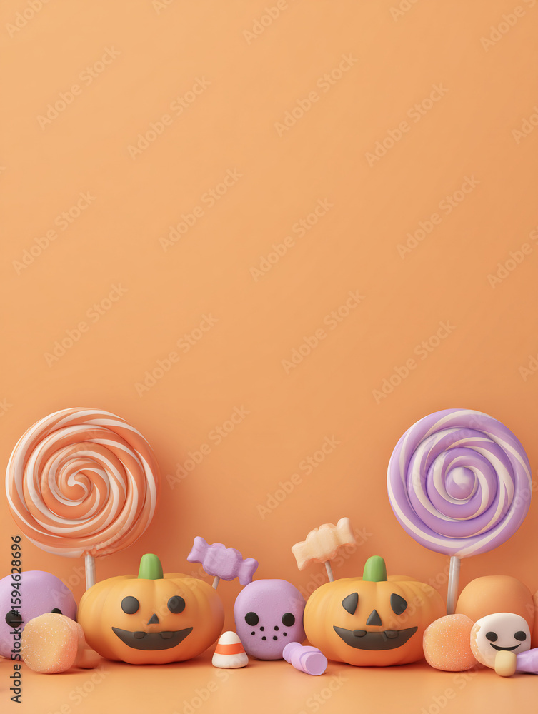 Fototapeta premium Halloween candy assortment with pumpkins and lollipops