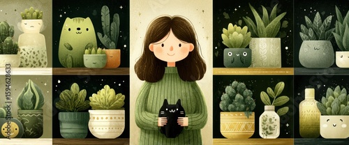 Girl/Holding Cat/Room (Cacti & Shelves)
