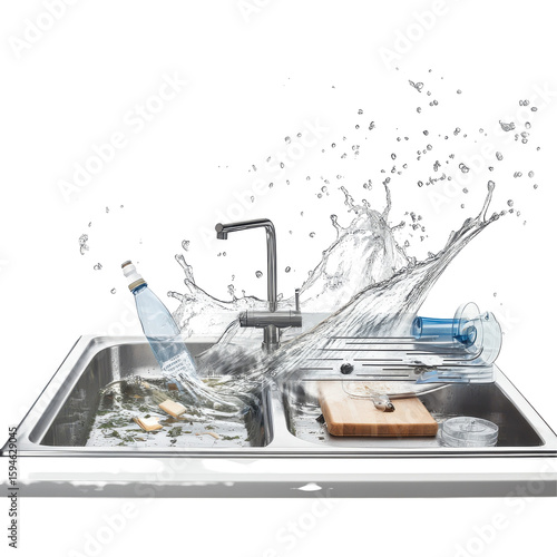 Water Splashing in a Modern Kitchen Sink with Bottles and Utensils, Creating a Refreshing Atmosphere on transparent background