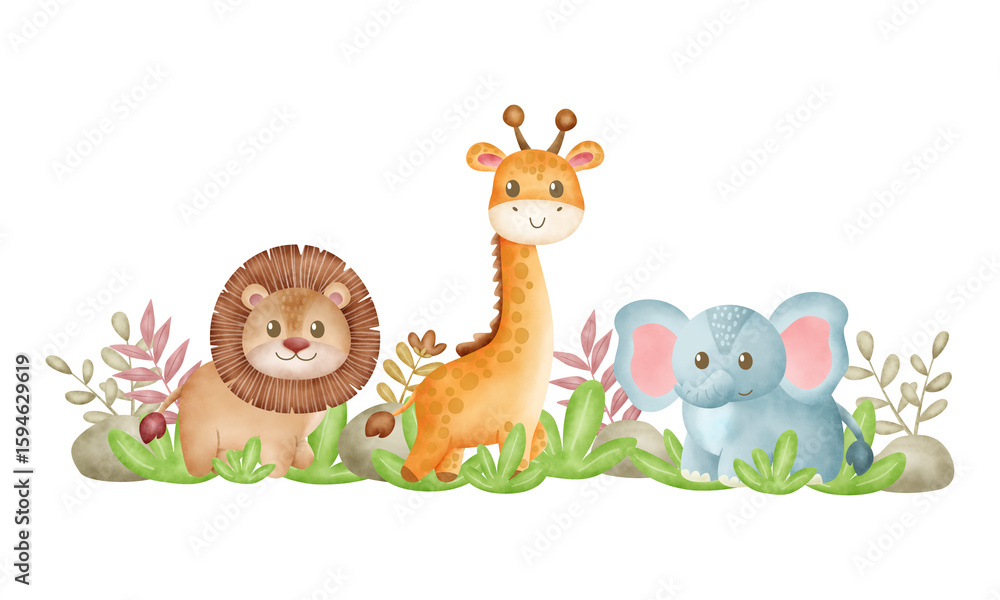 Naklejka premium Watercolor Illustration Set of Safari Animals and Nature Elements. Cute baby safari animal faces vector illustration. Watercolor Illustration Woodland Animals and Nature Elements