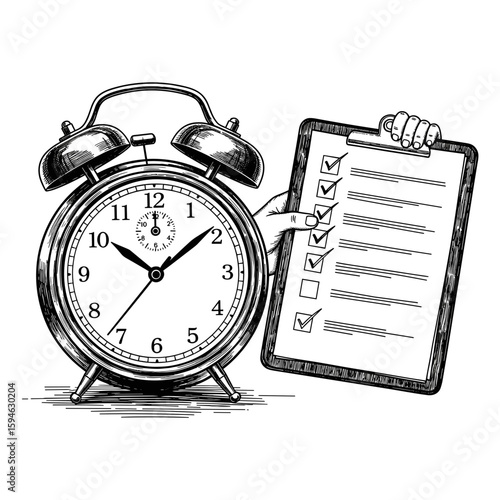 Time management concept, alarm clock with checklist of completed tasks in retro style - hand drawn black and white vintage ink sketch, vector illustration
