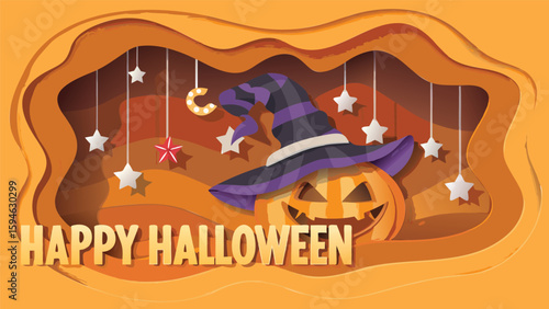 A layered halloween scene with pumpkin, witch hat, stars, and happy halloween text displayed nicely