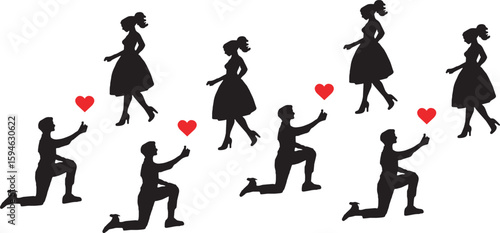 Silhouettes of proposing men with red hearts for the walking women