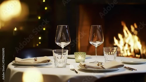 A table setting by a fireplace, featuring two wine glasses, a rocks glass, and candle holders