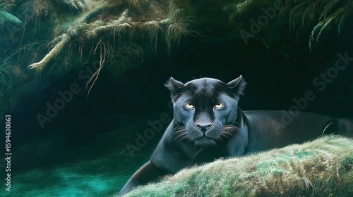 Black panther resting cave, jungle, night, wildlife