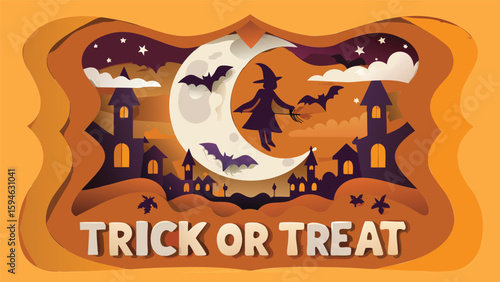 A halloween themed layered paper cut illustration featuring a witch, bats, and haunted houses under a moon