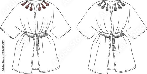  Stylish women's fashion flat sketch: trendy kaftan top with short sleeves, tassel details, and cinched drawstring waist, perfect for resort or bohemian casual wear, editable vector illustration.