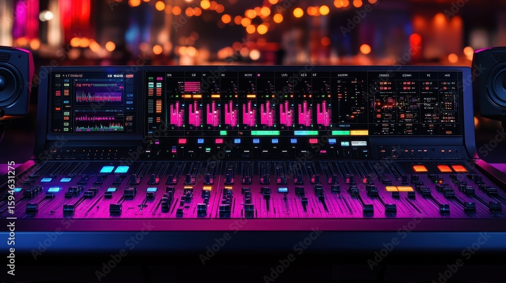 Fototapeta premium Professional Sound Mixing Console with Multiple Faders and Equalizers
