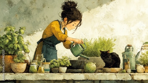 Woman Waters Plants with Black Cat in Kitchen